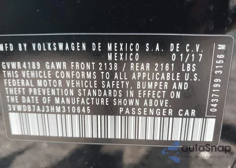 2017 Volkswagen Jetta 1.4T Se z USA, uszkodzony, nr VIN 3VWDB7AJ3HM310645